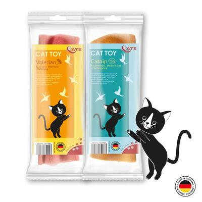 4cats Schmuseknoten Katzenspielzeug in Verpackung mit Maskottchen Lucy und Made in Germany Logo unten links
