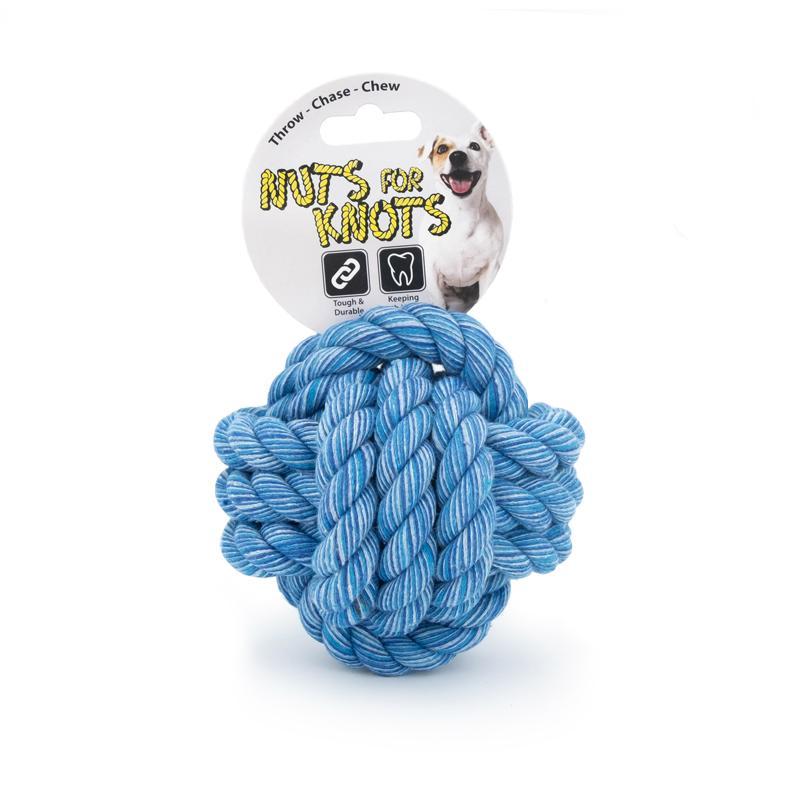 Blauer Nuts for Knots Ball mit Verpackung von Happy Pet