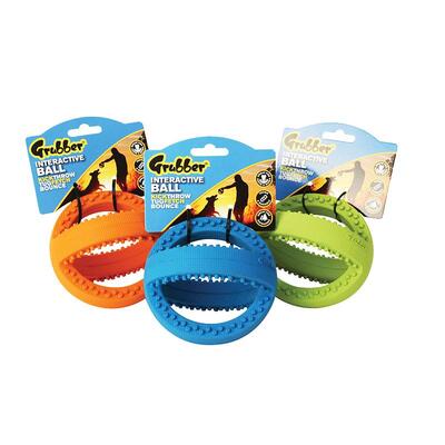 Interaktiver Fußball Grubber von Happy Pet in den Maßen 12 cm x 12 cm x 12 cm in den Farben orange, blau und grün