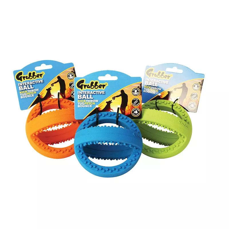 Interaktiver Fußball Grubber von Happy Pet in den Maßen 12 cm x 12 cm x 12 cm in den Farben orange, blau und grün