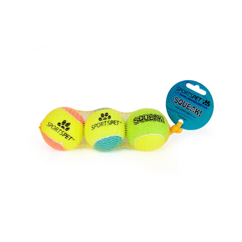 Tennisball 65 mm Ø mit Quietscher von SPORTSPET 3er Pack in Originalverpackung