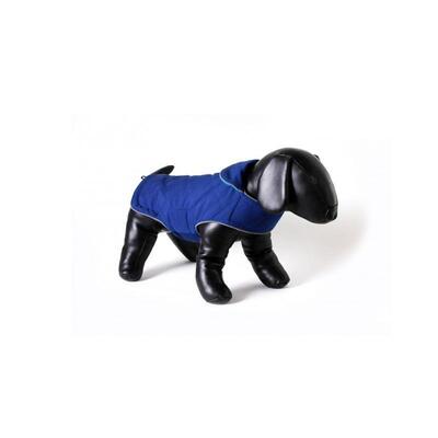 Ozeanblaue Tweedy-Hundejacke (Wendejacke) von Doodlebone® angelegt an schwarzen Hunde-Dummy
