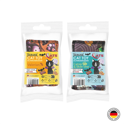 4cats Halloween Kollektion Schmusekissen beide Sorten in Verpackung mit blauem oder gelbem Einleger