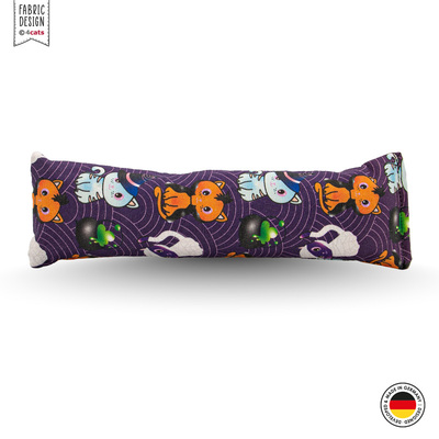 Spielrolle aus Stoff für Katzen, Grundfarbe lila, mit Halloween-Katzen-Motiven, Vorderansicht