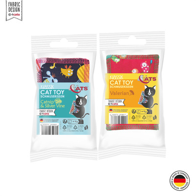 4cats Schmusekissen Klassik beide Sorten in Verpackung mit gelbem und blauem Einleger