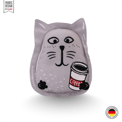 Katzenkissen mit Ohren aus der 4cats Crazy-Kollektion, hellgrau mit Aufdruck einer Katze, die einen Kaffeebecher in der Hand hält, Vorderansicht