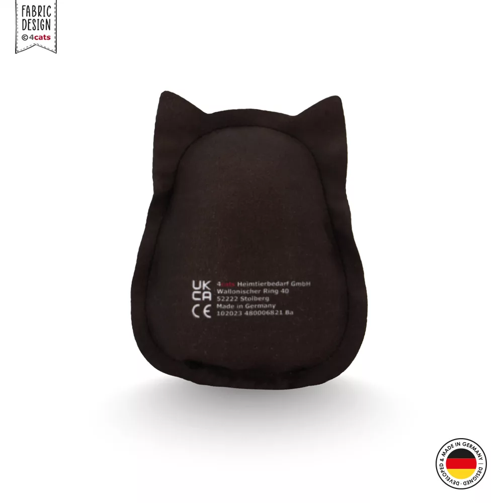 Katzenkissen mit Ohren aus der 4cats Crazy-Kollektion, Rückansicht mit CE-Aufdruck, komplett schwarz