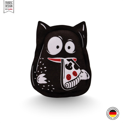 Katzenkissen mit Ohren aus der 4cats Crazy-Kollektion, schwarz mit Aufdruck eines lustigen Gesichts, das Pizza isst, Vorderansicht
