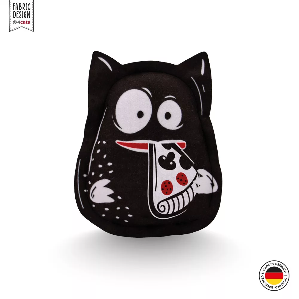 Katzenkissen mit Ohren aus der 4cats Crazy-Kollektion, schwarz mit Aufdruck eines lustigen Gesichts, das Pizza isst, Vorderansicht