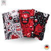 Drei Raschelkissen für Katzen aus der Crazy-Comic-Kollektion, schwarz, rot und hellgrau mit verschiedenen weißen, schwarzen und roten Motiven, liegend