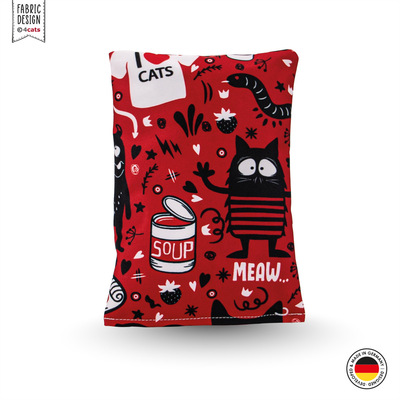 Raschelkissen für Katzen aus der Crazy-Comic-Kollektion, rot mit verschiedenen weißen und schwarzen Motiven, Vorderansicht