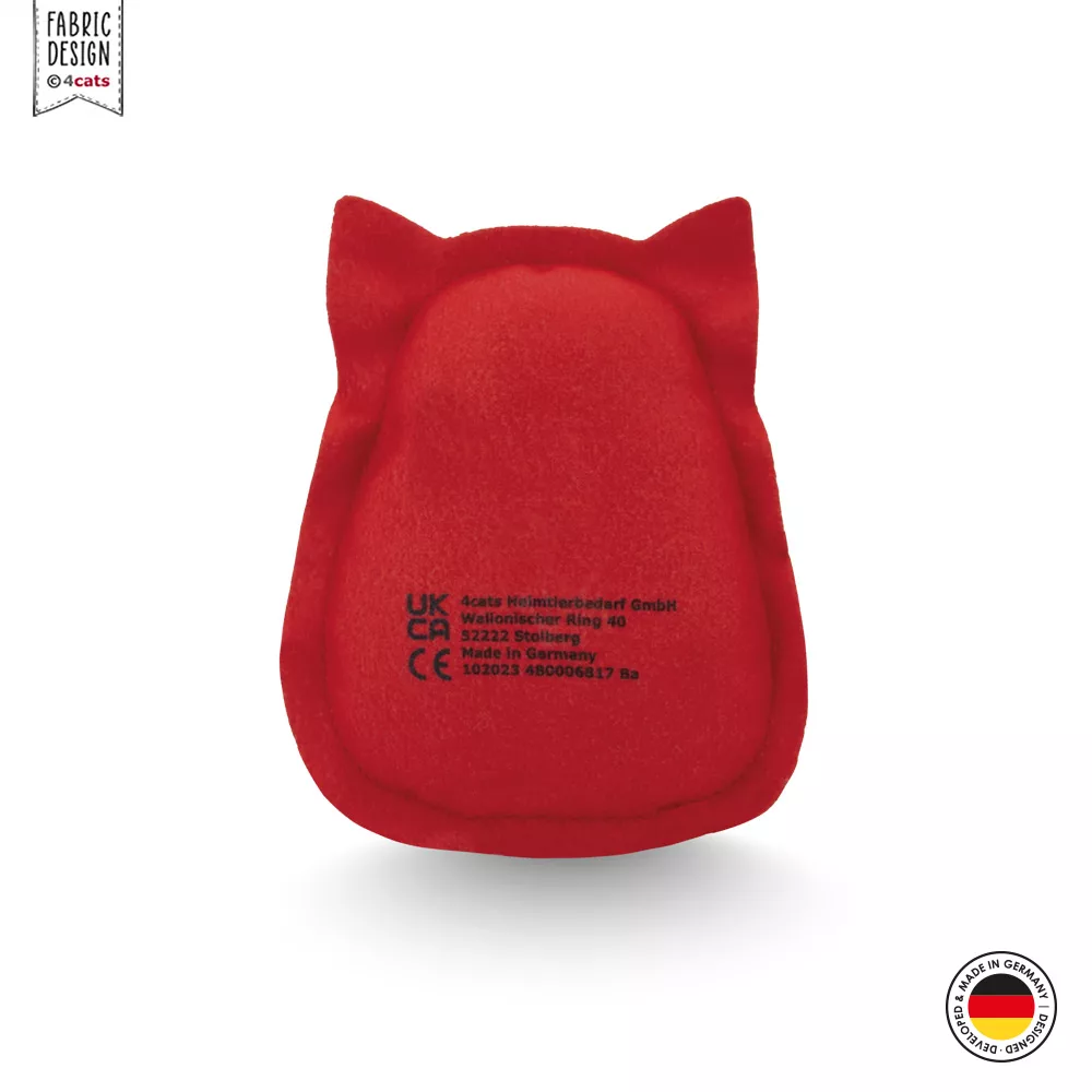 Katzenkissen mit Ohren aus der 4cats Crazy-Kollektion, Rückansicht mit CE-Aufdruck, komplett rot