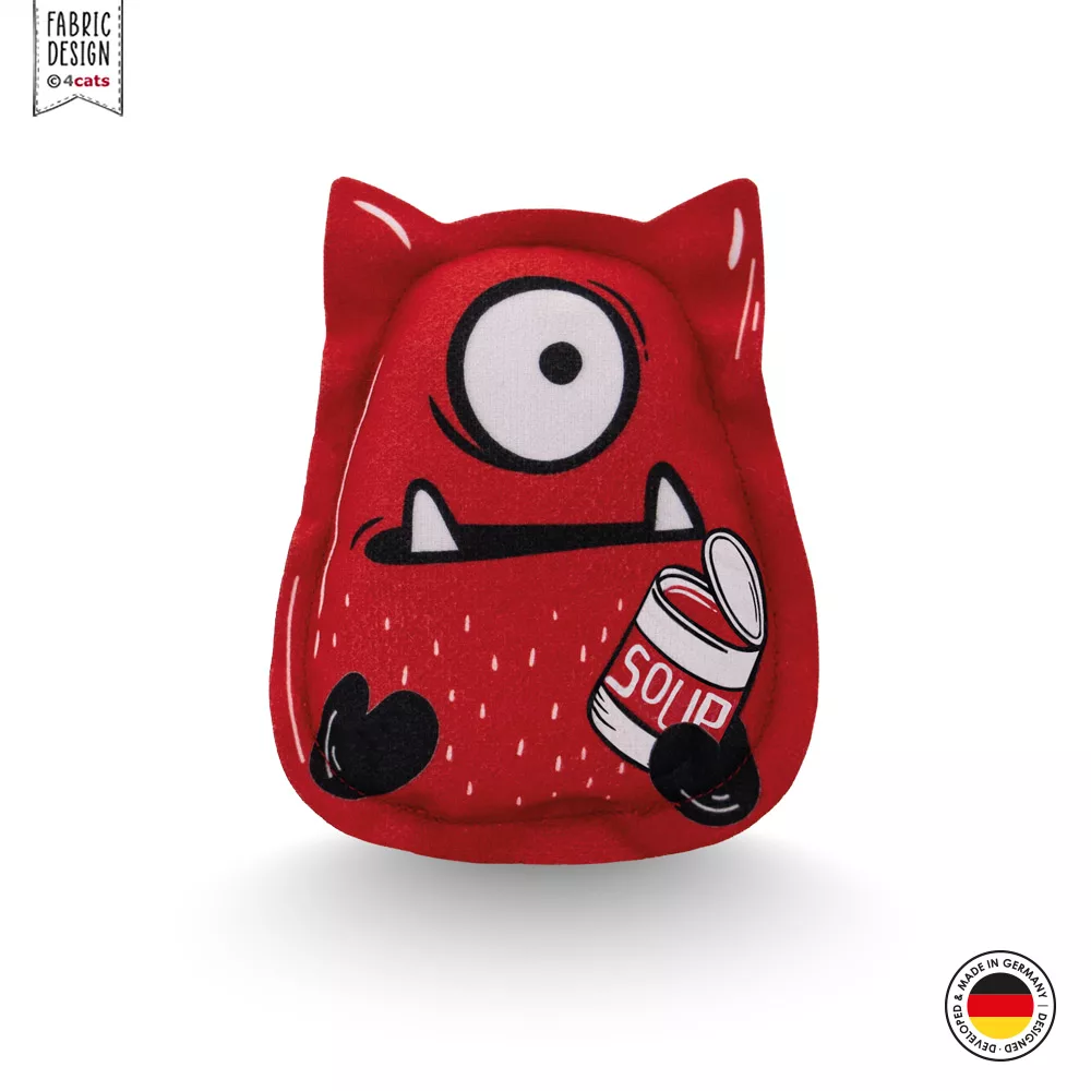 Katzenkissen mit Ohren aus der 4cats Crazy-Kollektion, rot mit Aufdruck eines lustigen Monsters, das eine Suppendose in der Hand hält, Vorderansicht