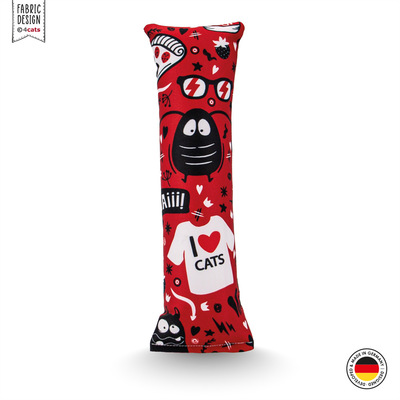 Spielrolle für Katzen aus der Crazy-Comic-Kollektion, rot mit verschiedenen weißen und schwarzen Motiven, Vorderansicht