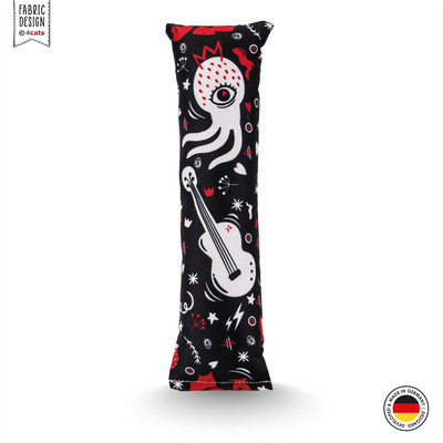 Spielrolle für Katzen aus der Crazy-Comic-Kollektion, schwarz mit verschiedenen weißen und roten Motiven, Vorderansicht