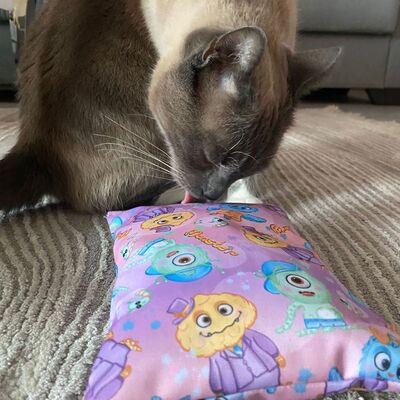 Katze leckt 4cats Monster Kollektion Raschelkissen ab