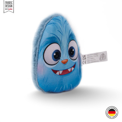 Katzenkissen im Design Monster, mit Kräutern gefüllt, blau mit Gesicht, halb-seitliche Ansicht