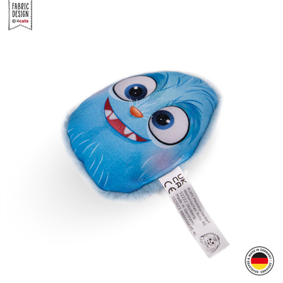 Katzenkissen im Design Monster, mit Kräutern gefüllt, blau mit Gesicht, liegend