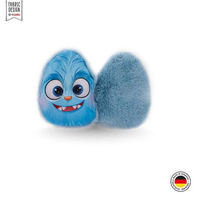 Zwei Katzenkissen im Design Monster, mit Kräutern gefüllt, blau mit Gesicht, eins mit Vorderseite, eins mit Rückseite in Plüsch abgebildet