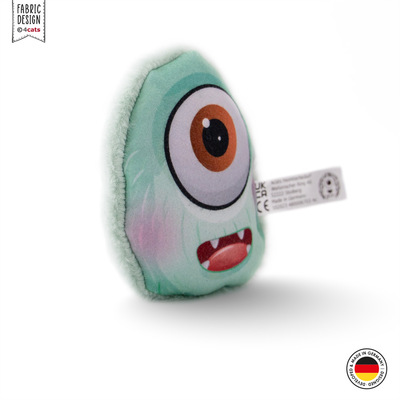 Katzenkissen im Design Monster, mit Kräutern gefüllt, grün mit Gesicht, halb-seitliche Ansicht