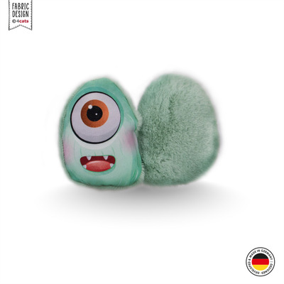 Zwei Katzenkissen im Design Monster, mit Kräutern gefüllt, grün mit Gesicht, eins mit Vorderseite, eins mit Rückseite in Plüsch abgebildet