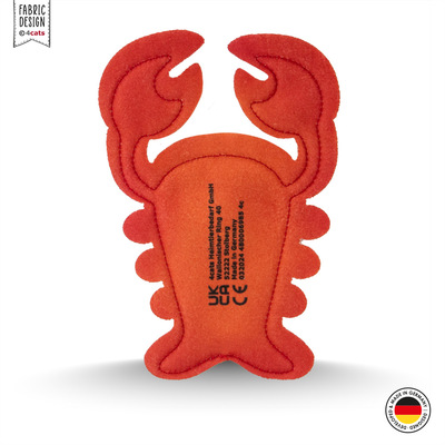 Katzenspielzeug aus Stoff, mit Kräutern gefüllt, in Form eines Hummers, orange mit Augen, Rückansicht mit CE-Aufdruck