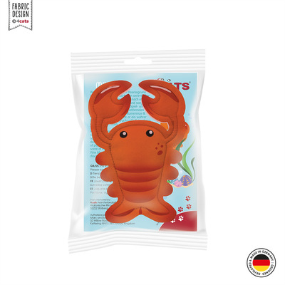 Katzenspielzeug aus Stoff, in Form eines Hummers, orange mit Augen, gefüllt mit Katzenminze, verpackt in Tüte