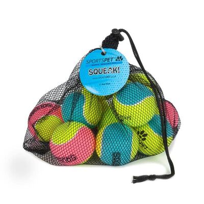 Hundespielzeug SPORTSPET Tennisball Colour 12er Sack in schwarzem Netz
