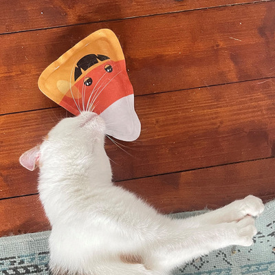 Liegende Katze schnuppert an Spielzeug in Candy Corn-Form aus der Halloween-Kollektion