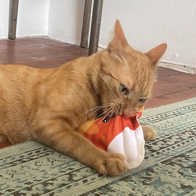 Liegende Katze hat Spielzeug in Candy Corn-Form zwischen den Pfoten und beißt daran herum