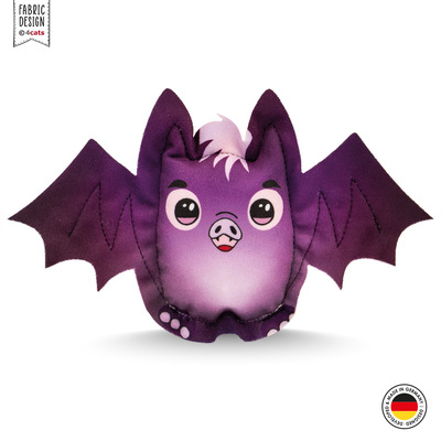Katzenspielzeug in Fledermausform, aus Stoff, Farbe lila mit Gesicht und Flügeln, Vorderansicht