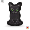 Katzenspielzeug in Katzenform, aus schwarzem Stoff, Motiv Halloween-Katze mit grünen, finster blickenden Augen, Vorderansicht
