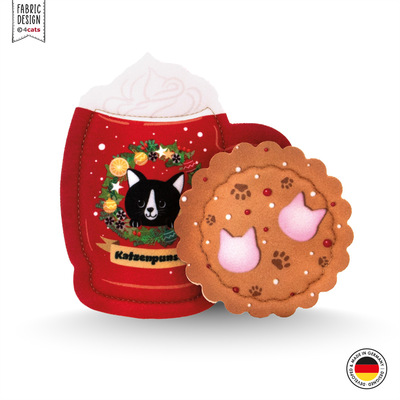 Katzenspielzeug-Doppelset aus Stoff - in Form einer Katzenpunschtasse und eines Keks, Farbe rot mit weiß und hellbraun, Vorderansicht