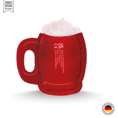 Katzenspielzeug-Doppelset aus Stoff: Einzeldarstellung Katzenpunschtasse, Farbe rot mit weiß, Rückansicht mit CE