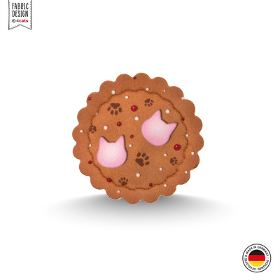 Katzenspielzeug-Doppelset aus Stoff: Einzeldarstellung Keks, Farbe hellbraun mit rosa Katzenköpfen, Vorderansicht