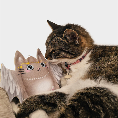 Liegende Katze umarmt Katzenspielzeug in Form eines Katzenengels
