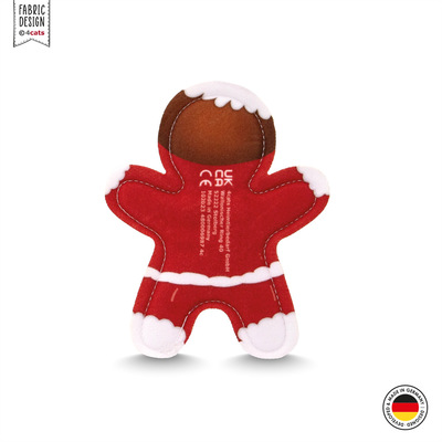 Katzenspielzeug aus Stoff in Form eines Lebkuchen-Weihnachtsmanns, Farbe rot mit weiß und braun, Rückansicht