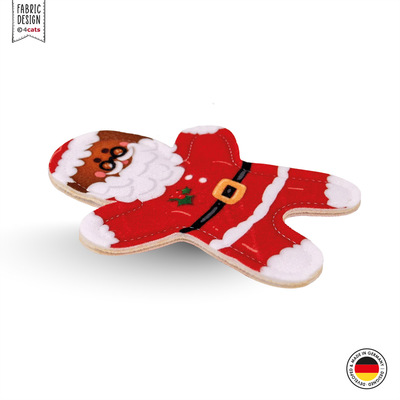 Katzenspielzeug aus Stoff in Form eines Lebkuchen-Weihnachtsmanns, Farbe rot mit weiß und braun, liegend