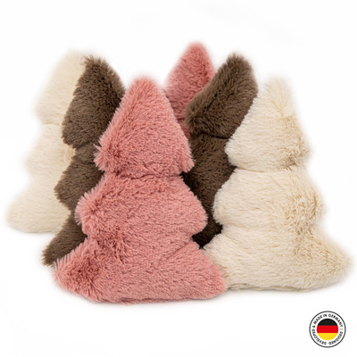 Sechs Plüsch-Tannenbäume als Katzenspielzeug in den Farben creme, rosa und braun, Vorderseite
