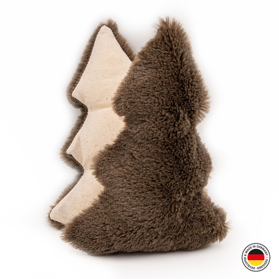Zwei gegenüberstehende Plüsch-Tannenbäume, Katzenspielzeug, Farbe braun, einer von vorne und einer von hinten sichtbar