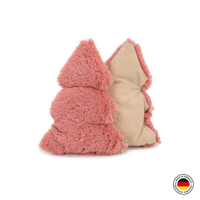 Zwei gegenüberstehende Plüsch-Tannenbäume, Katzenspielzeug, Farbe rosa, einer von vorne und einer von hinten sichtbar
