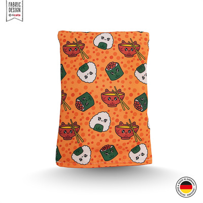 Raschelkissen für Katzen, in orangenem Design mit Sushi-Motiven aus der Kawaii-Food Kollektion, Vorderansicht