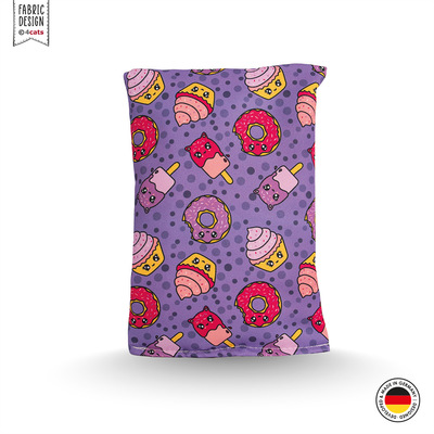 Raschelkissen für Katzen, in lila Design mit Donut- und Eis-Motiven aus der Kawaii-Food Kollektion, Vorderansicht