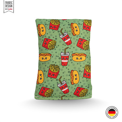 Raschelkissen für Katzen, in grünem Design mit Burger- und Fritten-Motiven aus der Kawaii-Food Kollektion, Vorderansicht