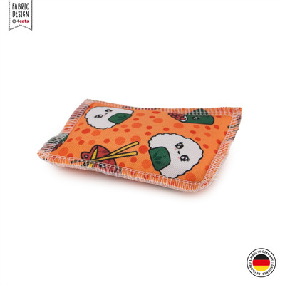 Katzen-Schmusekissen, in orangenem Design mit Sushi-Motiven aus der Kawaii Food Kollektion, liegend