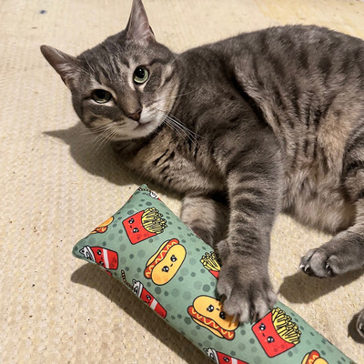 Katze hält Pfote auf Spielrolle, in grünem Design mit Burger- und Fritten-Motiven aus der Kawaii-Food Kollektion