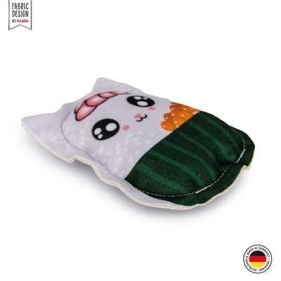 Spielfigur für Katzen aus Stoff aus der Kawaii Food-Kollektion, Design Sushi Cat, Grundfarbe weiß, mit Gesicht, liegend