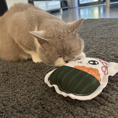Katze schnuppert an Spielfigur für Katzen aus Stoff aus der Kawaii Food-Kollektion, Design Sushi Cat