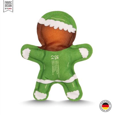 4cats Katzenspielzeug X-Mas Lebkuchenweihnachtself - Rückansicht stehend mit Herstellerinfos