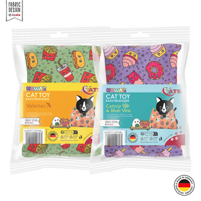 Katzenspielzeug 4cats Kawaii Kollektion Raschelkissen verpackt mit Baldrian und mit Katzenminze & Silver Vine